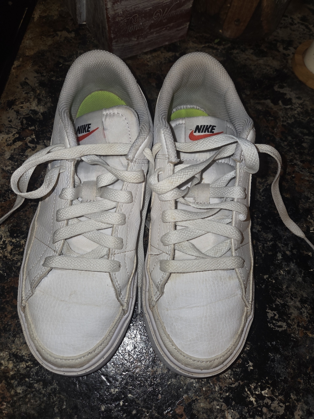 Nike White Low-Top Sneakers with Neon Green Insoles and Red Swoosh